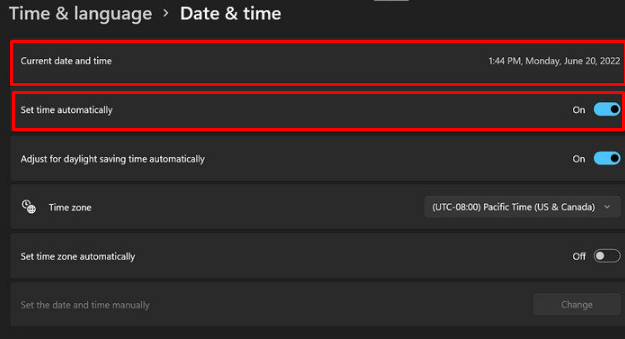 Date and time settings Windows 11